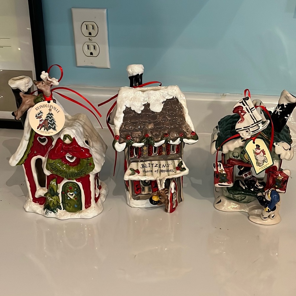 Blue sky Christmas trio candle houses